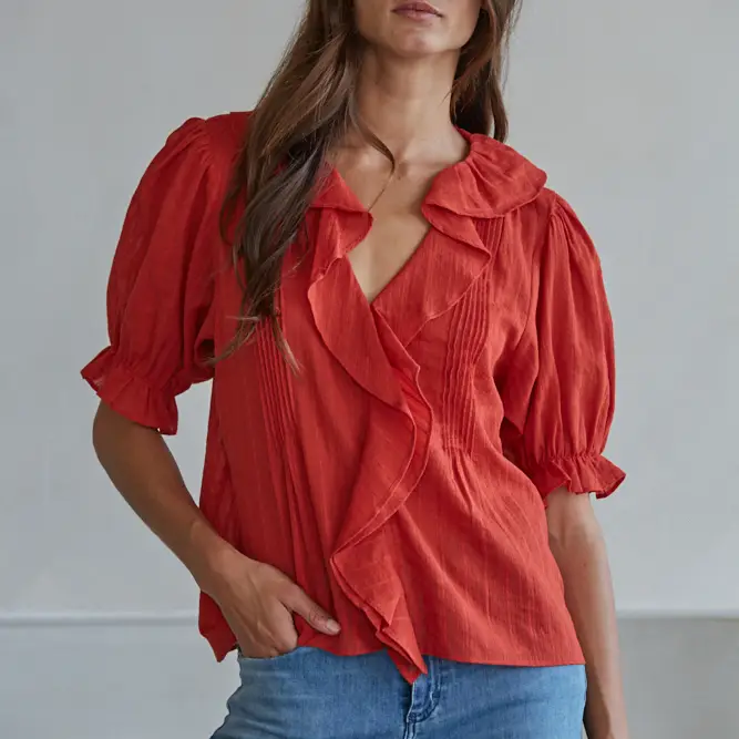 Woven Cotton Buttondown V- Neck Short Sleeve Top, cherry tomato