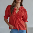 Woven Cotton Buttondown V- Neck Short Sleeve Top, cherry tomato
