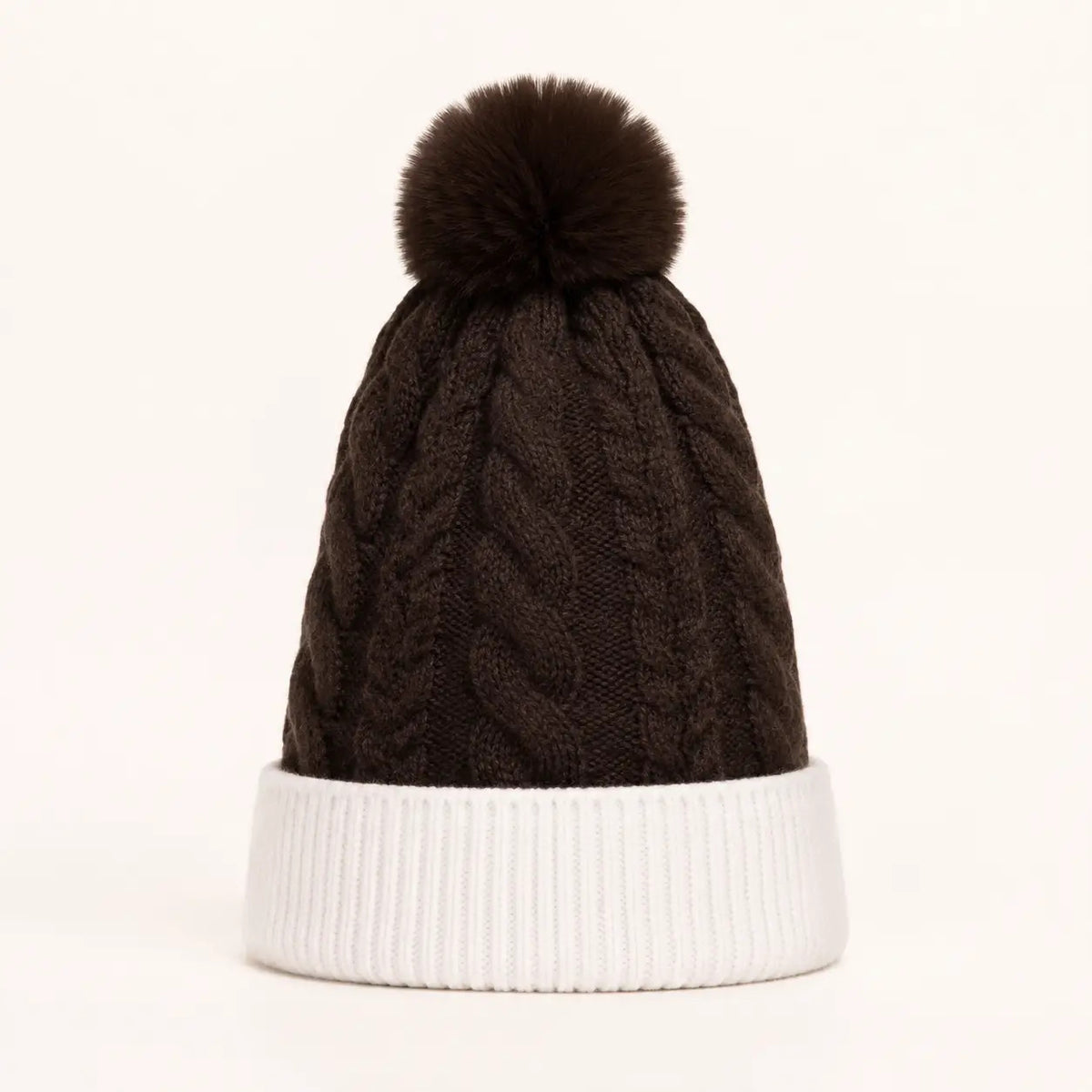 2-Tone Braided Cable Knit Pom Beanie