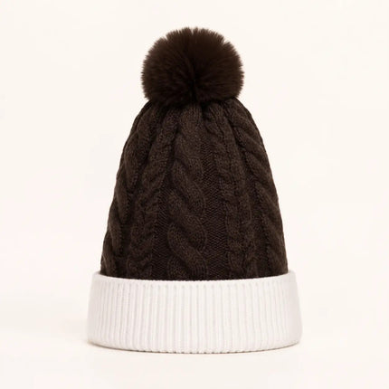 2-Tone Braided Cable Knit Pom Beanie, brown