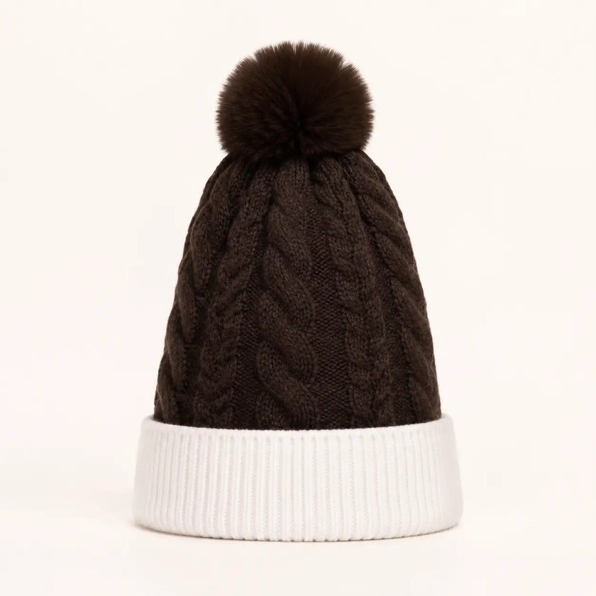 2-Tone Braided Cable Knit Pom Beanie