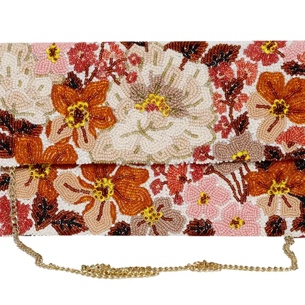 Beaded Fall Flower Clutch Bag Ivory Multi