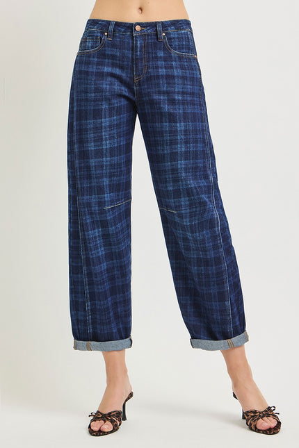 Slouchy Crop Barrel Cuffed Plaid Jeans, plaid dark-front