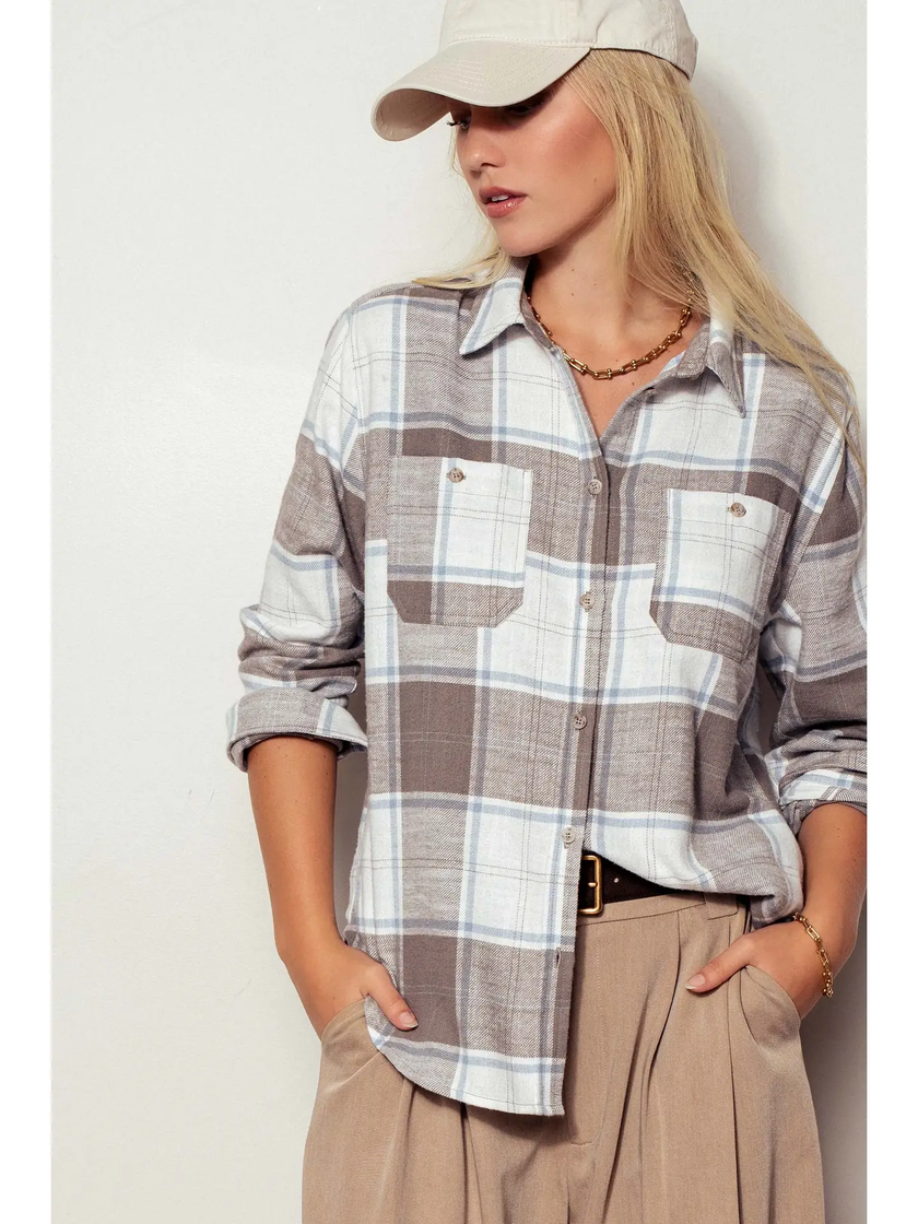 Boho Plaid Western Button Up Casal Top truffle