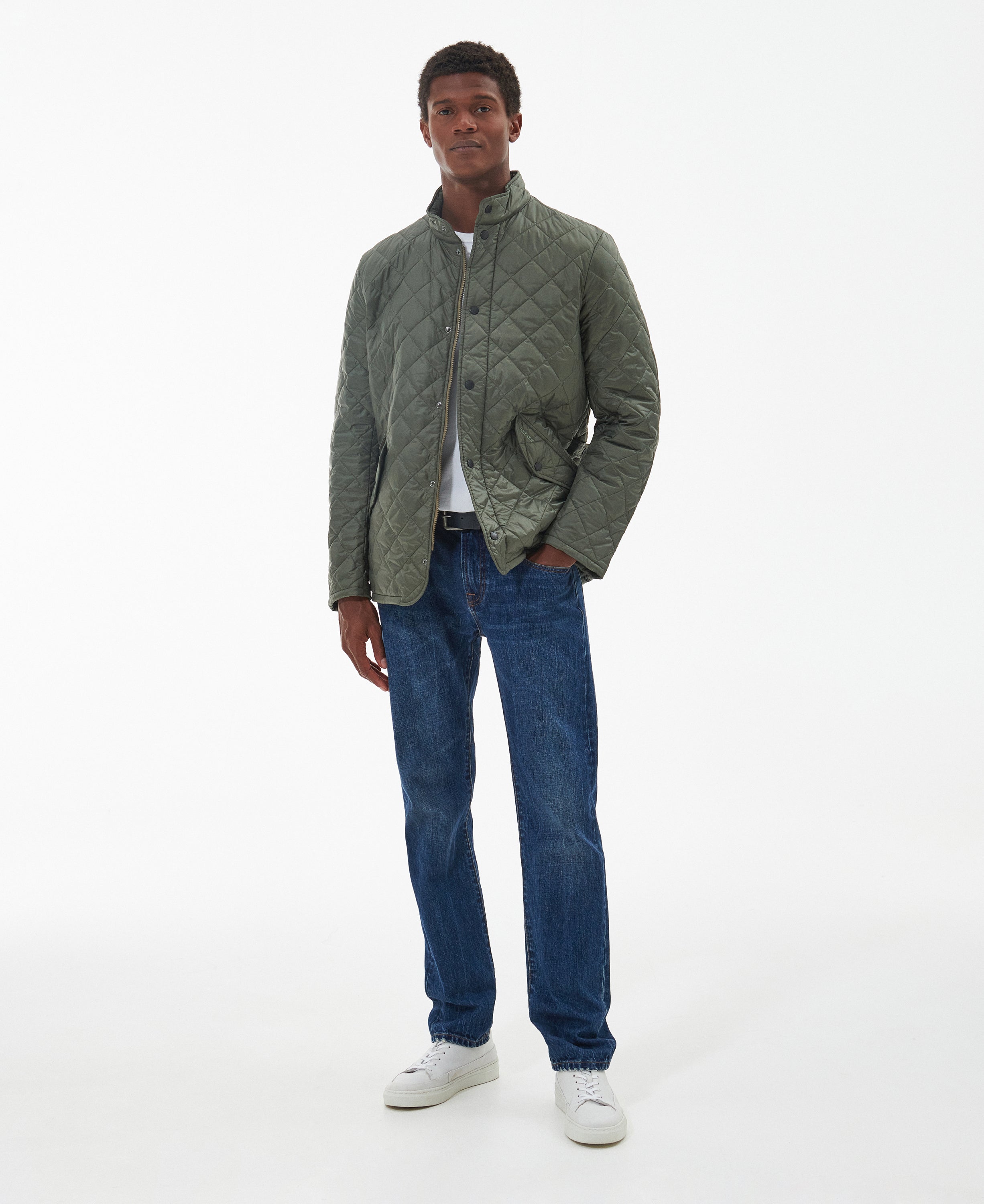 Barbour Flyweight Chelsea Quilt dusted olive styled