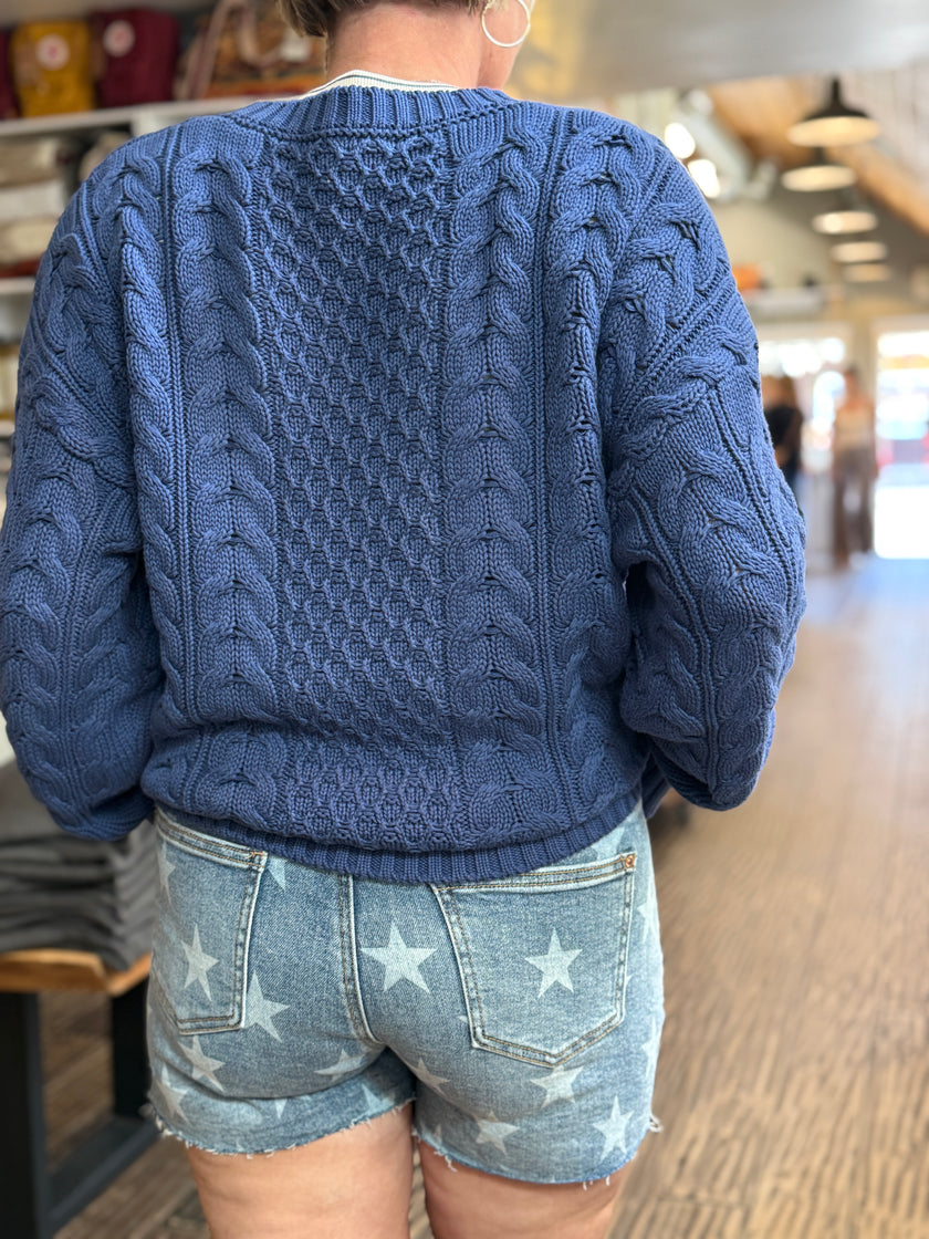 Coastal Spirit Cable Knit Flag Sweater navy back