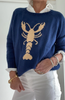 Chunky Campus Lobster Sweater Navy front with model wearing jewelry