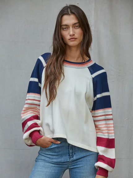 Maggy Knit Multi Color Striped LS Pullover, cream/navy-front