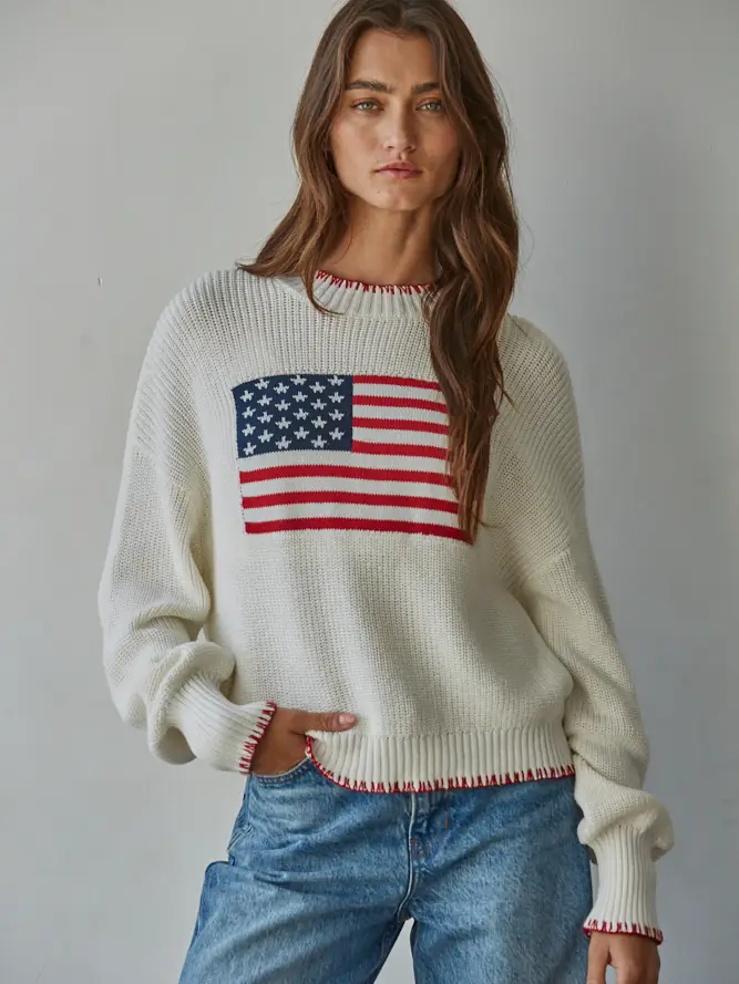 Knit Sweater Crew American Flag Pullover cream front