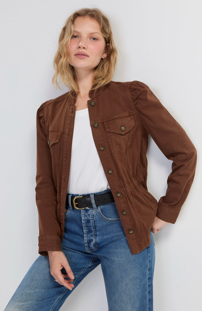 Puff Slv Trucker Jacket W Ruffle Collar