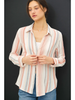 STRIPED GAUZY BUTTON UP TOP W/ ROLL UP SLEEVES. papaya