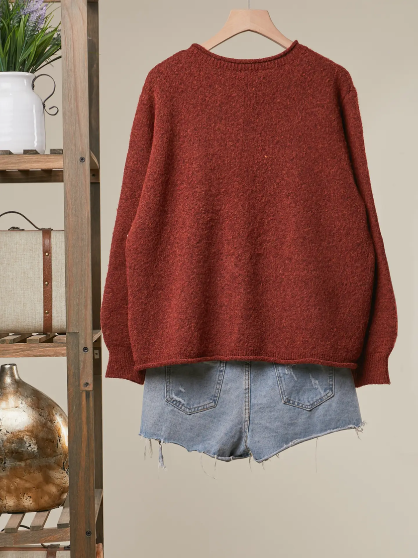 Spiral Sun Embroidered Sweater, brick-back