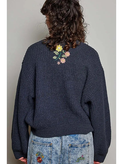 Prudence Floral Peace Button Up Cardigan, charcoal multi-back