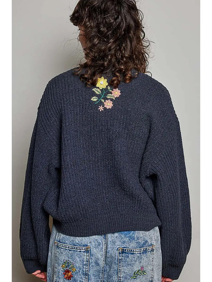 Prudence Floral Peace Button Up Cardigan, charcoal multi-back