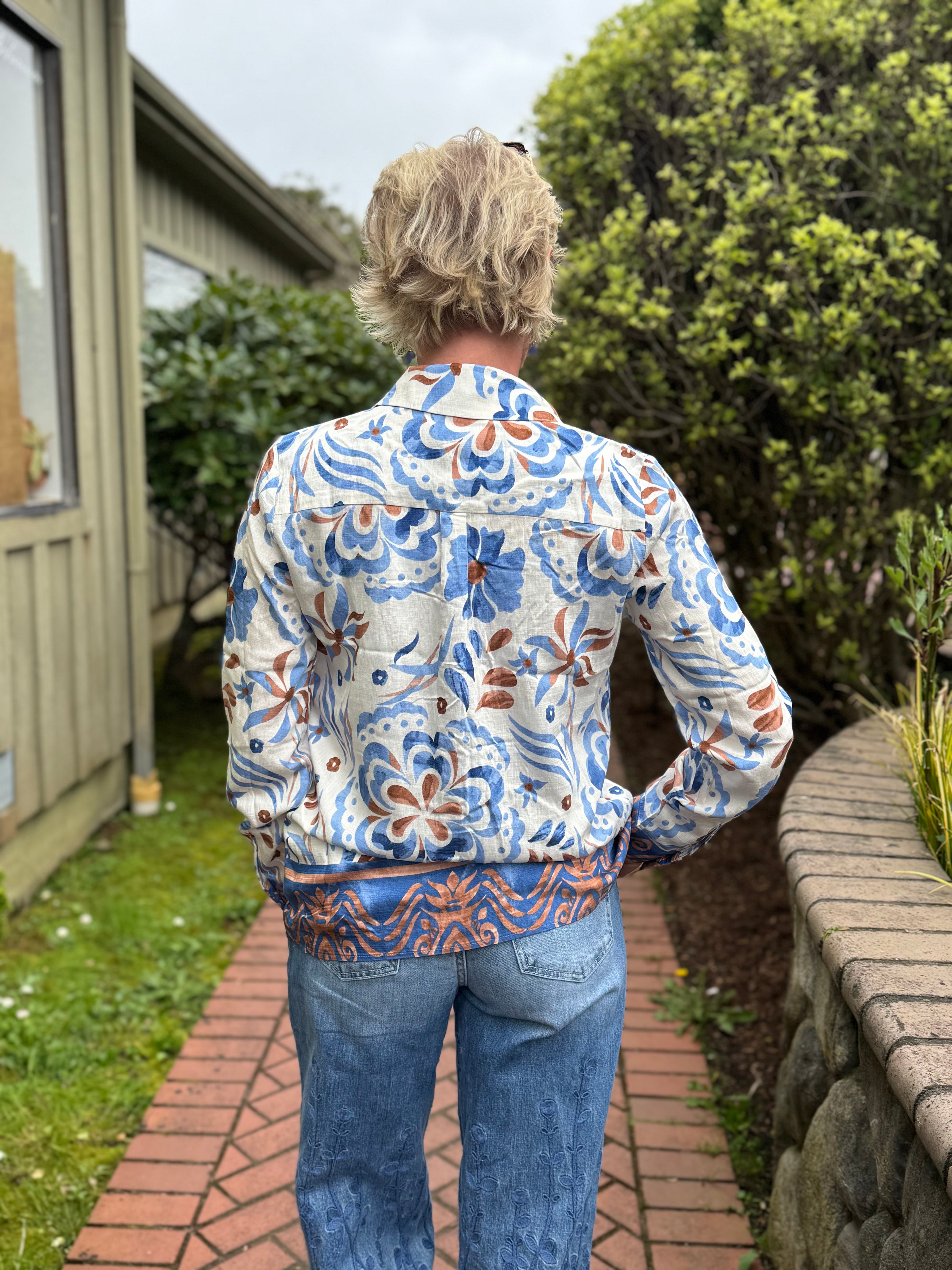 Soleil Border Blouse, blue cream tan print-back