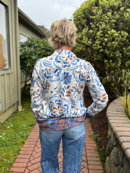 Soleil Border Blouse, blue cream tan print-back