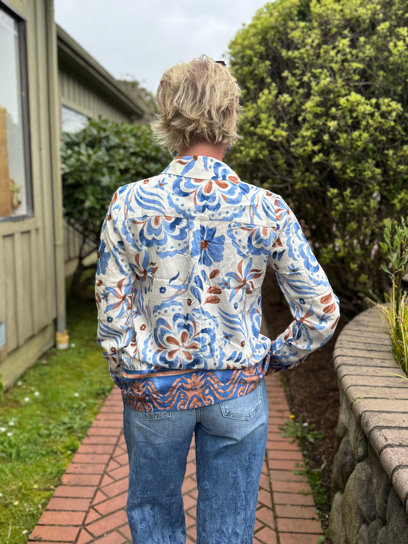 Soleil Border Blouse, blue cream tan print-back