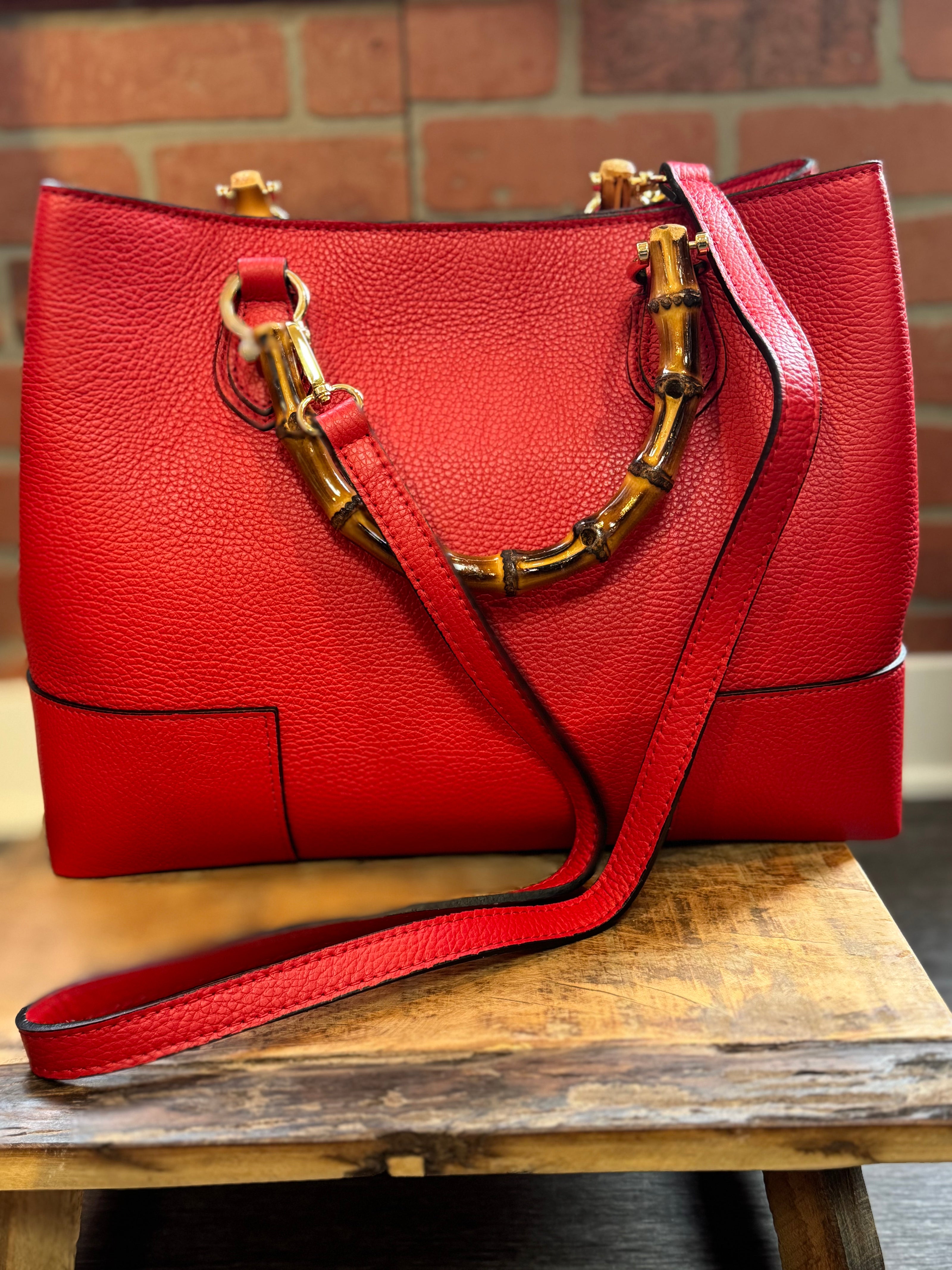 Women's Bag in Genuine Leather with Real Bamboo Hand | Rosso front with shoulder strap