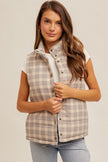 Snap Button Plaid Printed Puffer Vest