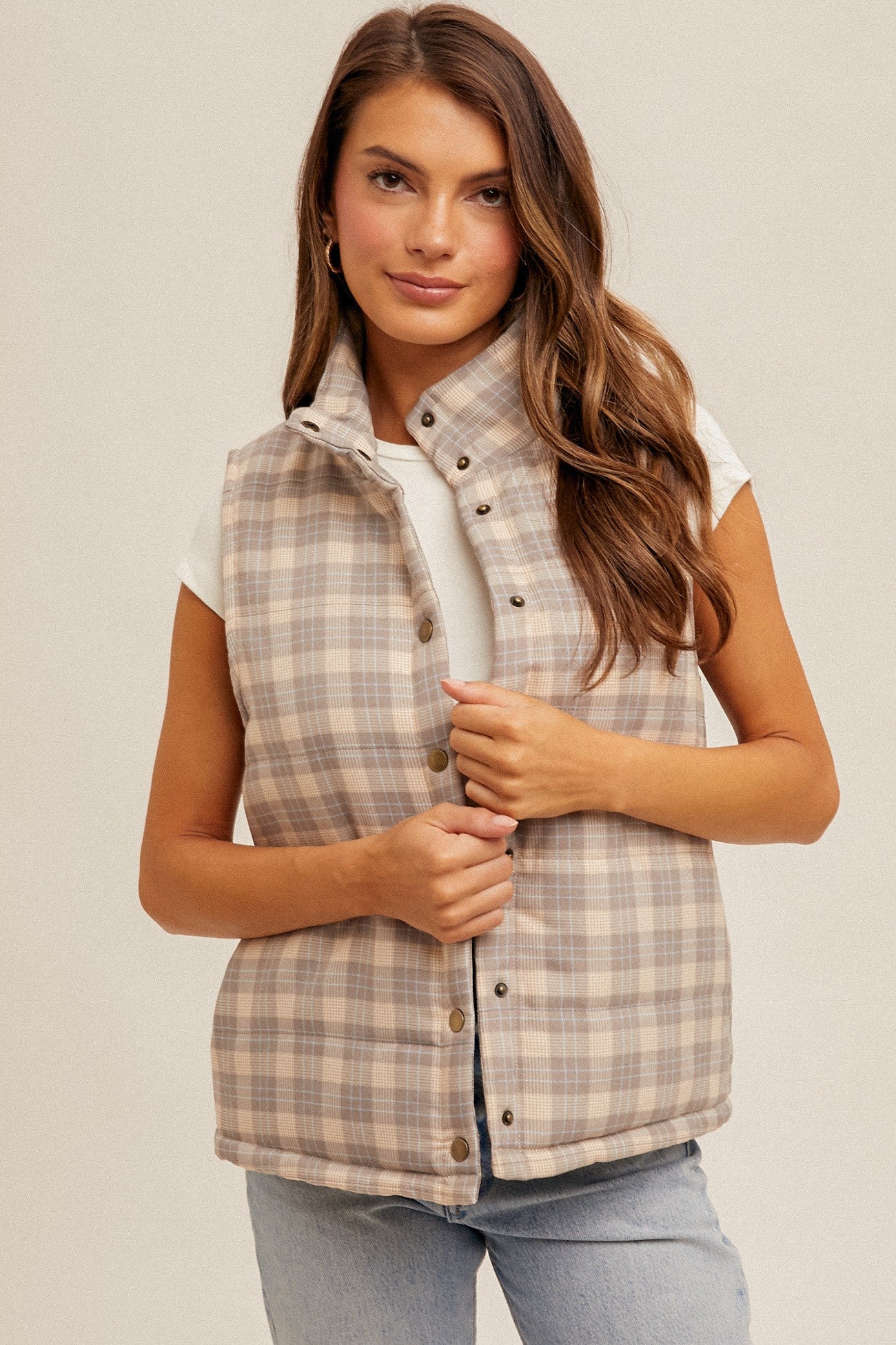 Snap Button Plaid Printed Puffer Vest