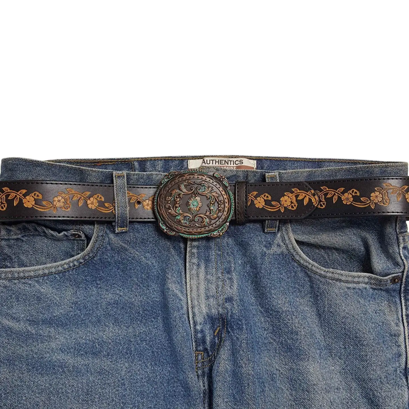 Western Brass Buckle W Vintage Floral Tooled Belt - Black styled