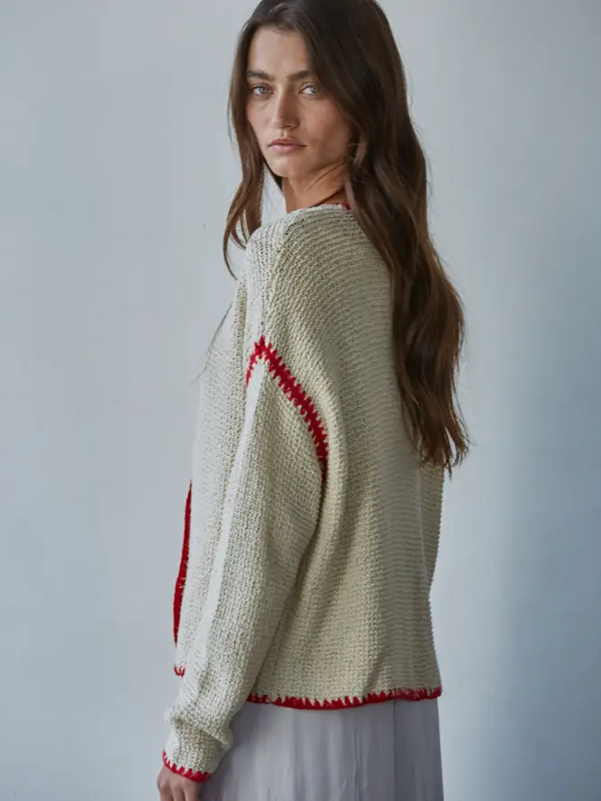 Knit Sweater Cotton Viscose Button Down Round Neck Long Sleeve Cardigan Top With Stitch Detail side/back