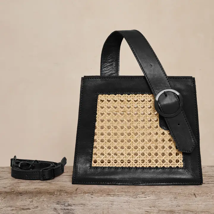 Black Cane Handbag with Buckle-front
