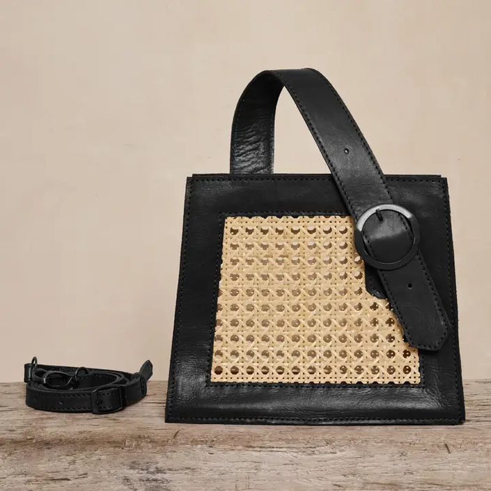 Black Cane Handbag with Buckle-front
