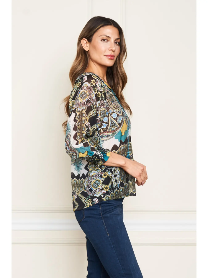 Print Notch Neck Peasant turquoise paisley side 