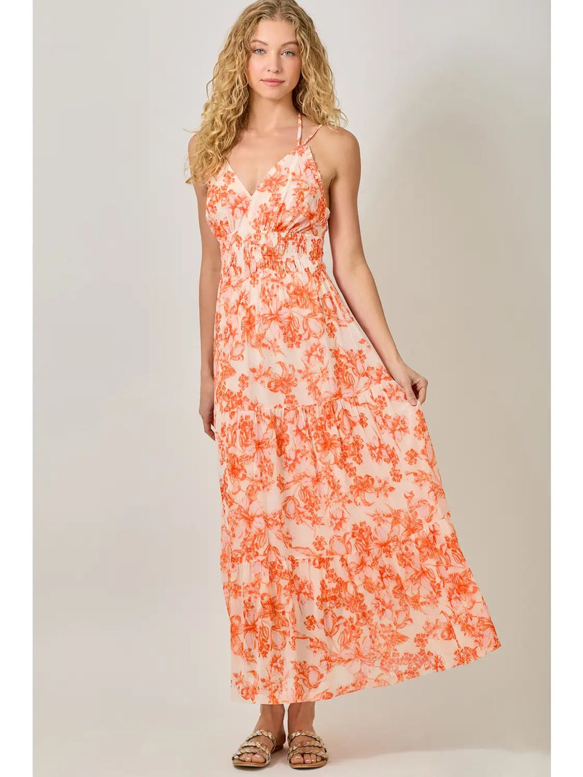 Printed Mesh Long Tiered Dress