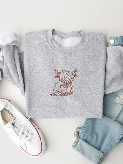 Floral Highland Cow Embroidered Fleece Sweatshirt athletic Gray front