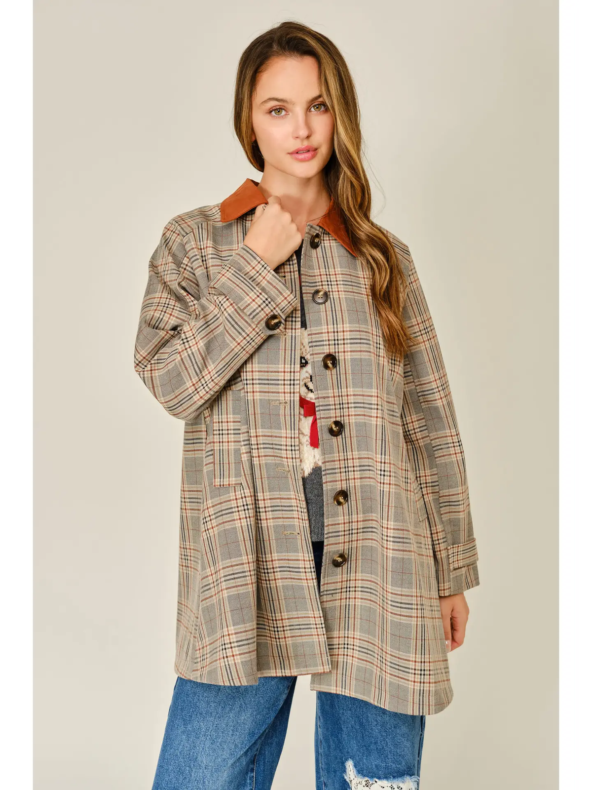 Mindy Plaid Button Down Trench Coat, rust-front