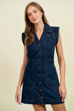 Button Down Denim Mini Dress with Pocket