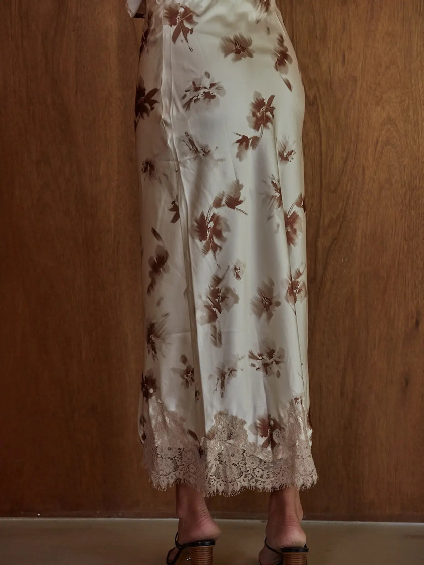 Woven Satin Polyester Floral Print Midi Skirt