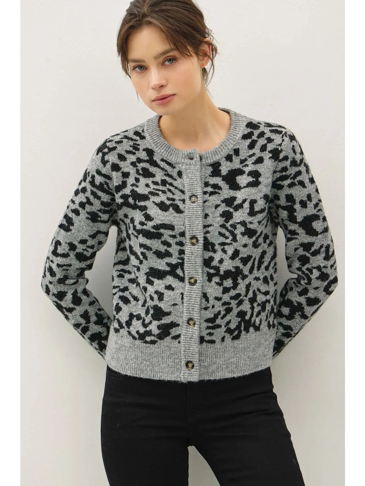 Lila Leopard Knit Cardigan, heather gray-front