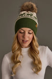 Olive & Beige Deer Patterned Pom Hat