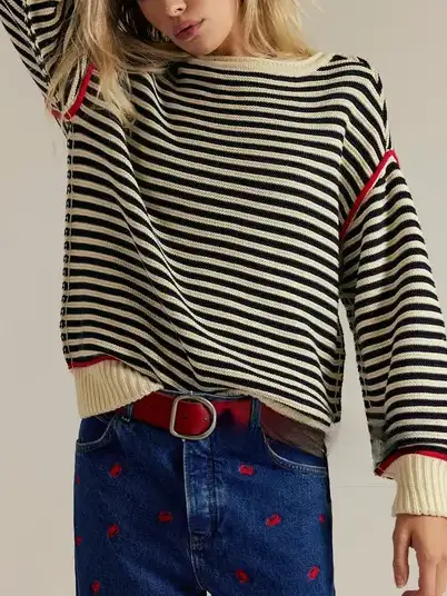Striped Crewneck Knit Sweater | Loose Fit Pullover Top apricot front