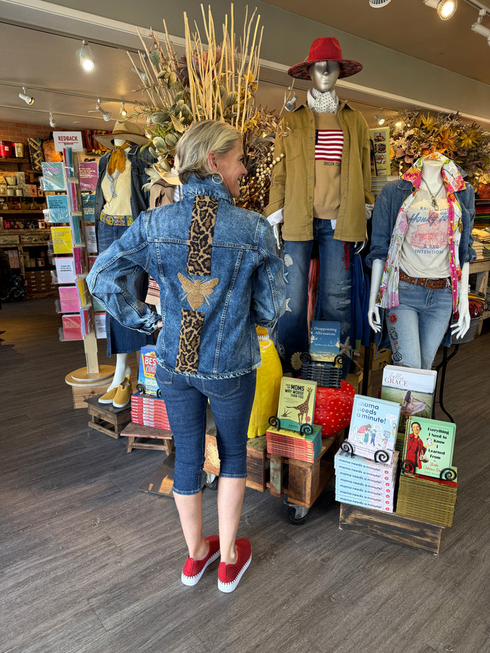 Queen Bee Denim jacket Leopard Stripes back