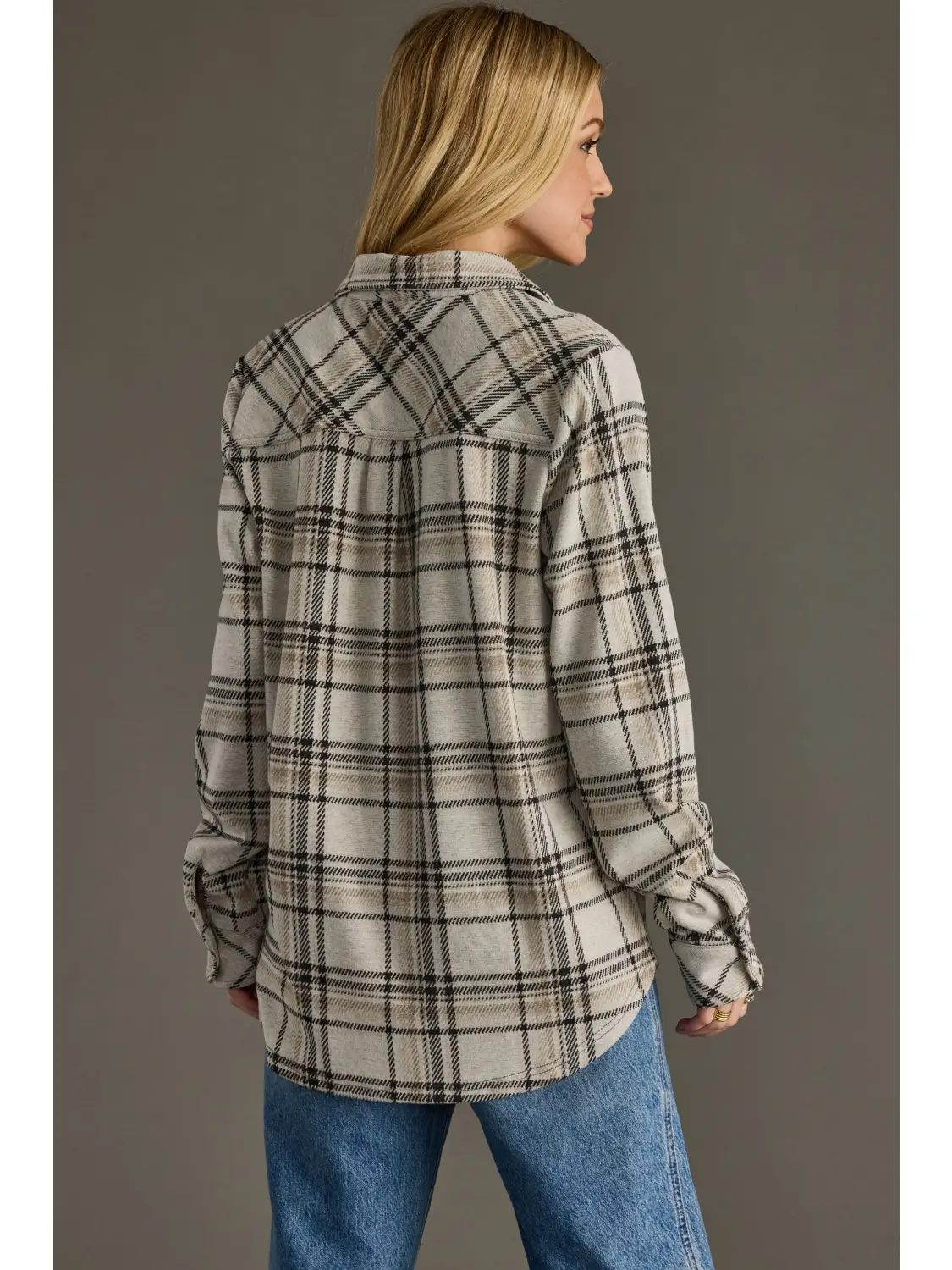 Taupe, Black & Tan Plaid Button Up