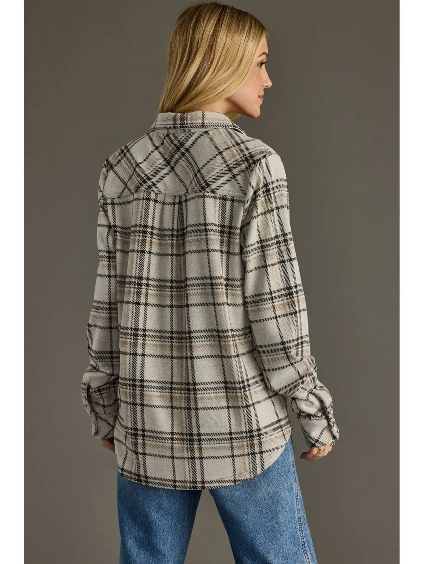 Taupe, Black & Tan Plaid Button Up back