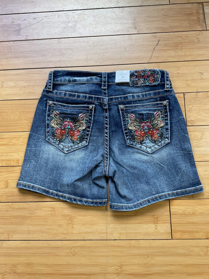 Grace denim stud and butterfly embroidered short-back