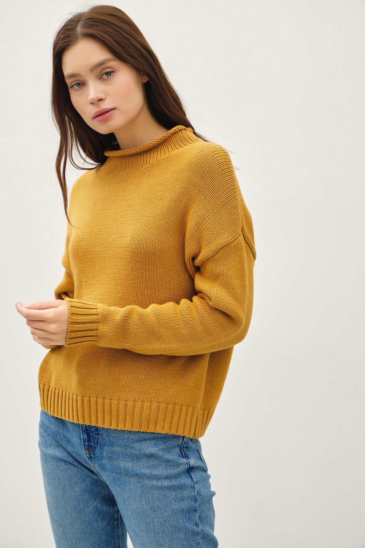 Chunky Cozy Raw Edge Mock Neck Sweater