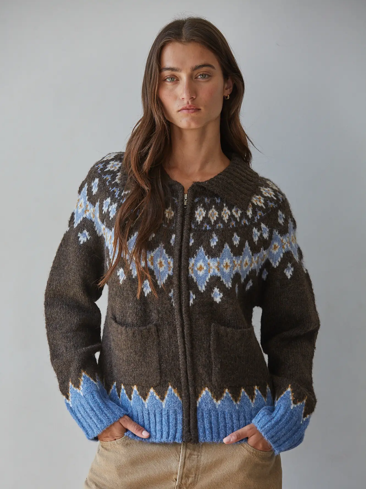 Knit Sweater Fair Isle Zip-Up Collar Neck Cardigan