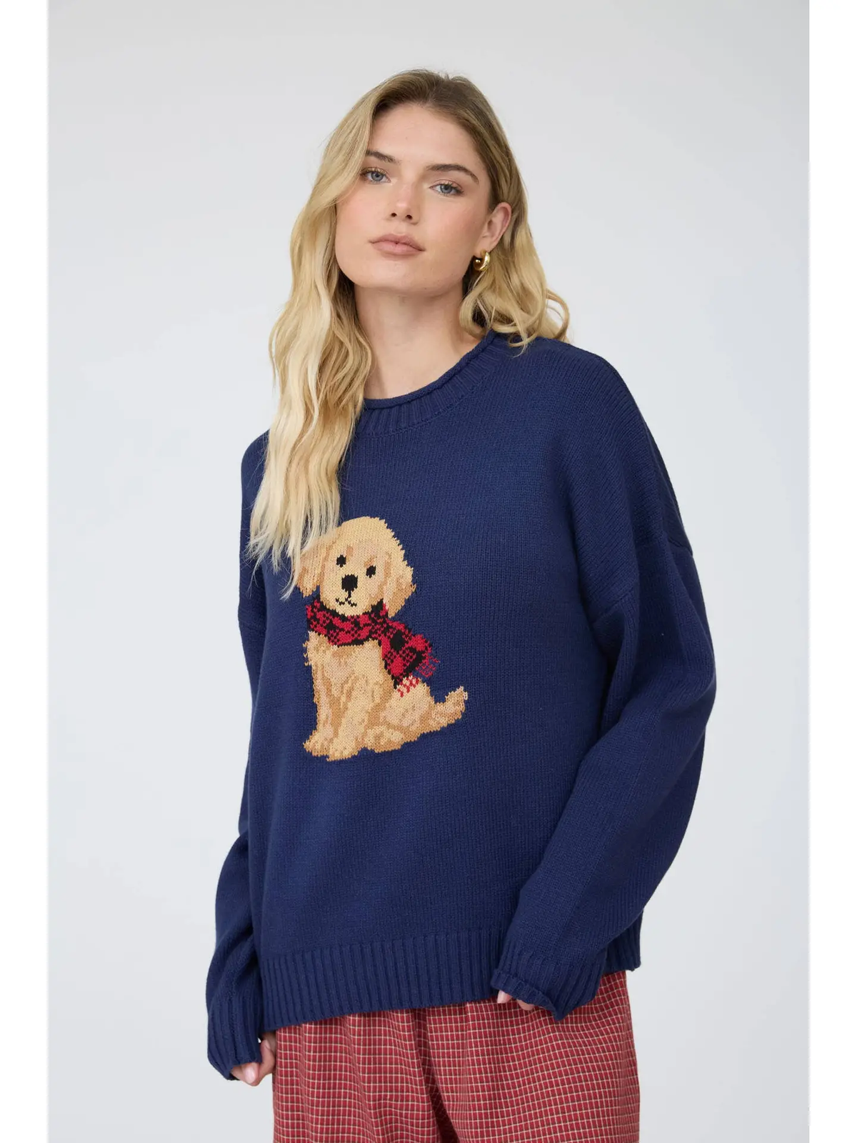 Intarsia Puppy Crew Neck Relaxed Sweater