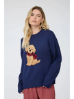 Intarsia Puppy Crew Neck Relaxed Sweater