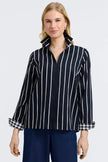Agnes Stripe & Houndstooth Long Sleeve Popover Shirt black/white