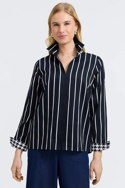 Agnes Stripe & Houndstooth Long Sleeve Popover Shirt black/white
