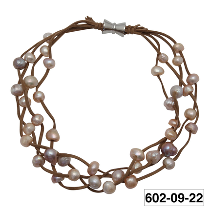 602-09-22-S TAN SUEDE 4- STRAND MULTI PEARL NECKLACE
