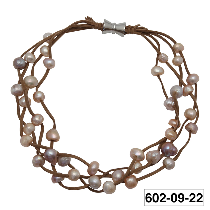 602-09-22-S Tan Suede 4-Strand Multi Pearl Necklace