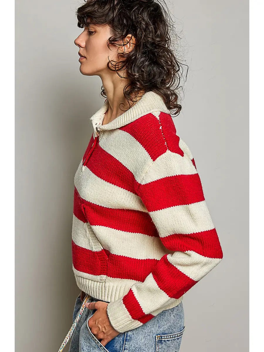 Cream Multi Red 1/4 Button Sweater Cardigan One Size